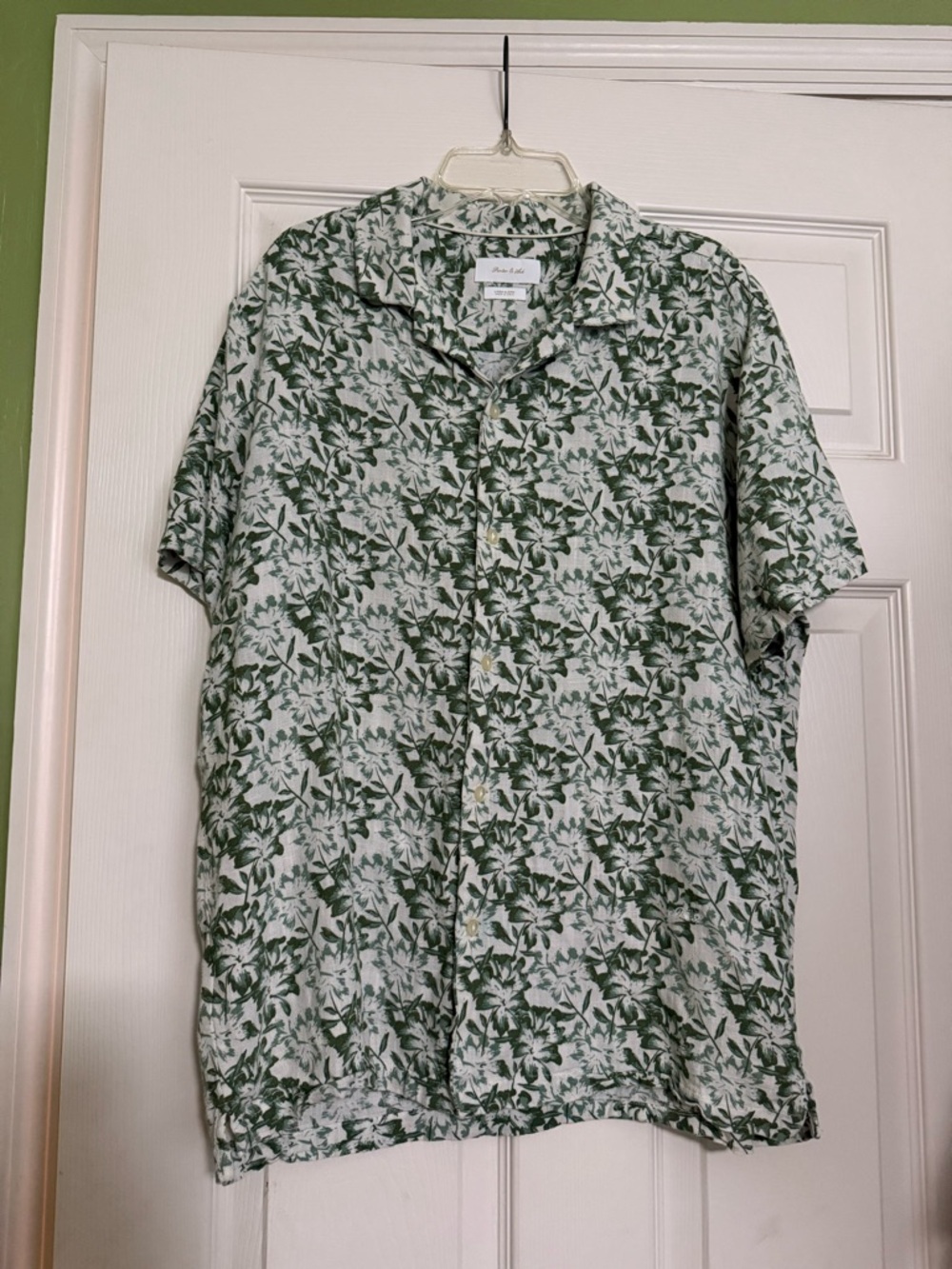Porter & Ash Men’s L Linen Blend Floral Tropical Button-Down Green Shirt